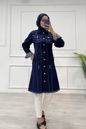 Kadın Kot Tunik Püskül Detaylı Çift Cepli Denim Ceket Koyu Mavi 4514