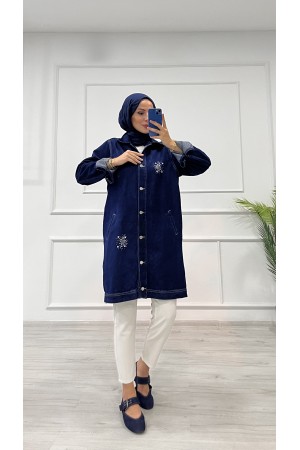 Kadın Kot Ceket Taş Detaylı Cepli Uzun Ceket Denim Koyu Mavi 4516