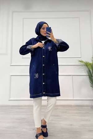 Kadın Kot Ceket Taş Detaylı Cepli Uzun Ceket Denim Koyu Mavi 4516