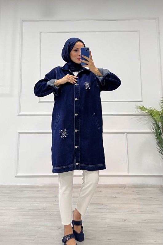 Kadın Kot Ceket Taş Detaylı Cepli Uzun Ceket Denim Koyu Mavi 4516 Kadın Kot Ceket Taş Detaylı Cepli Uzun Ceket Denim Koyu Mavi 4516