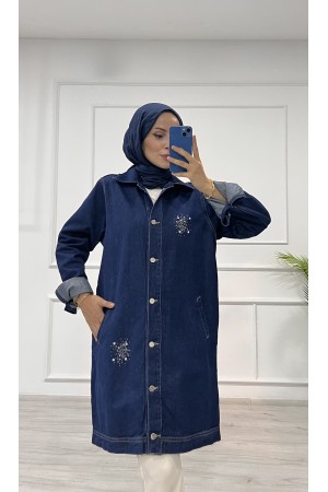 Kadın Kot Ceket Taş Detaylı Cepli Uzun Ceket Denim Koyu Mavi 4516 Kadın Kot Ceket Taş Detaylı Cepli Uzun Ceket Denim Koyu Mavi 4516