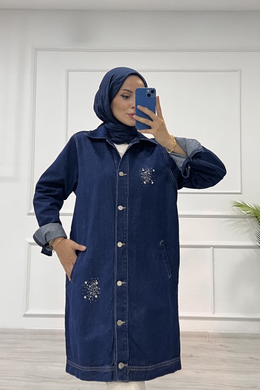 Kadın Kot Ceket Taş Detaylı Cepli Uzun Ceket Denim Koyu Mavi 4516 Kadın Kot Ceket Taş Detaylı Cepli Uzun Ceket Denim Koyu Mavi 4516