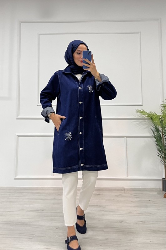 Kadın Kot Ceket Taş Detaylı Cepli Uzun Ceket Denim Koyu Mavi 4516 Kadın Kot Ceket Taş Detaylı Cepli Uzun Ceket Denim Koyu Mavi 4516