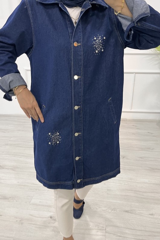 Kadın Kot Ceket Taş Detaylı Cepli Uzun Ceket Denim Koyu Mavi 4516 Kadın Kot Ceket Taş Detaylı Cepli Uzun Ceket Denim Koyu Mavi 4516