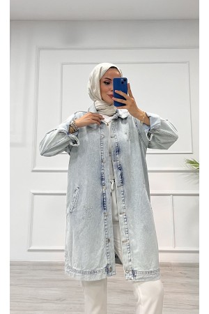 Kadın Kot Ceket Taş Detaylı Cepli Uzun Ceket Denim Açık Mavi 4516