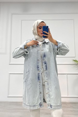 Kadın Kot Ceket Taş Detaylı Cepli Uzun Ceket Denim Açık Mavi 4516