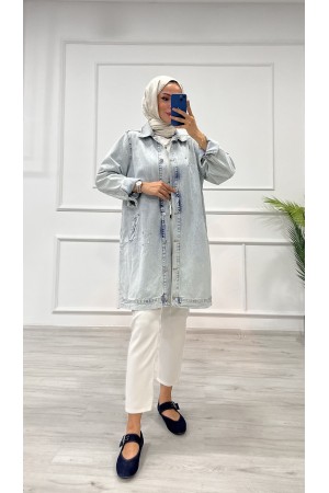 Kadın Kot Ceket Taş Detaylı Cepli Uzun Ceket Denim Açık Mavi 4516 Kadın Kot Ceket Taş Detaylı Cepli Uzun Ceket Denim Açık Mavi 4516