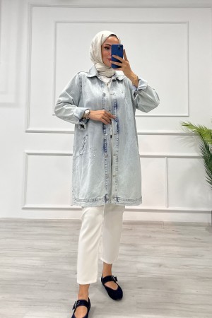 Kadın Kot Ceket Taş Detaylı Cepli Uzun Ceket Denim Açık Mavi 4516