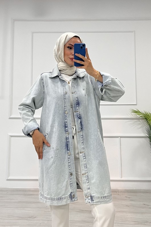 Kadın Kot Ceket Taş Detaylı Cepli Uzun Ceket Denim Açık Mavi 4516 Kadın Kot Ceket Taş Detaylı Cepli Uzun Ceket Denim Açık Mavi 4516