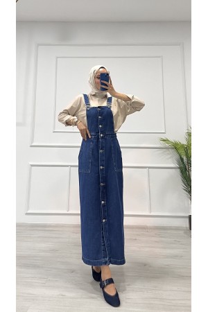 Kadın Kot Etekli Salopet Düğmeli Ön Cep Detaylı Salopet Koyu Mavi 4510