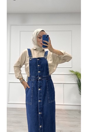 Kadın Kot Etekli Salopet Düğmeli Ön Cep Detaylı Salopet Koyu Mavi 4510 Kadın Kot Etekli Salopet Düğmeli Ön Cep Detaylı Salopet Koyu Mavi 4510