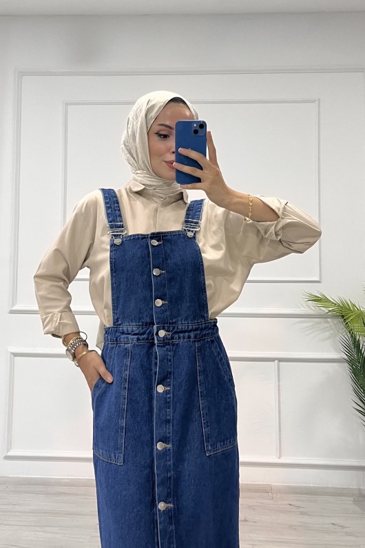 Kadın Kot Etekli Salopet Düğmeli Ön Cep Detaylı Salopet Koyu Mavi 4510 Kadın Kot Etekli Salopet Düğmeli Ön Cep Detaylı Salopet Koyu Mavi 4510