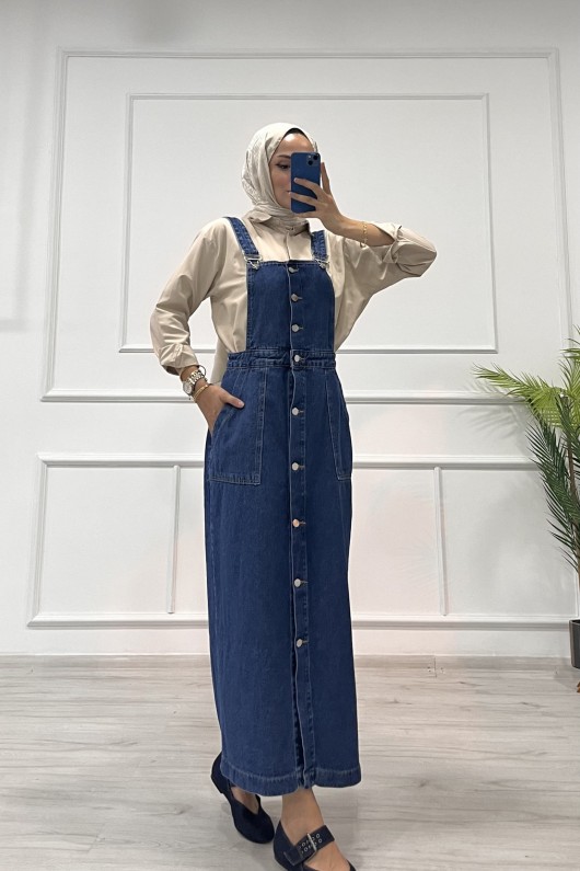 Kadın Kot Etekli Salopet Düğmeli Ön Cep Detaylı Salopet Koyu Mavi 4510 Kadın Kot Etekli Salopet Düğmeli Ön Cep Detaylı Salopet Koyu Mavi 4510