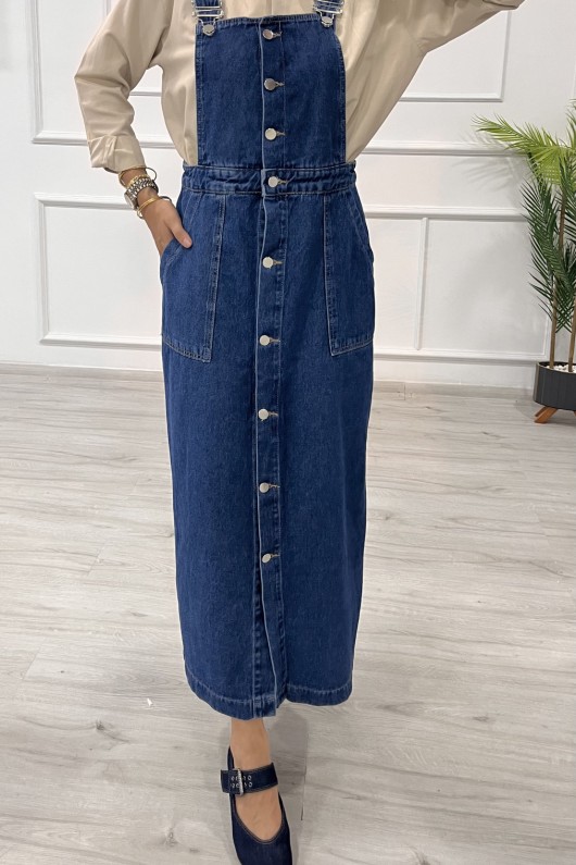 Kadın Kot Etekli Salopet Düğmeli Ön Cep Detaylı Salopet Koyu Mavi 4510 Kadın Kot Etekli Salopet Düğmeli Ön Cep Detaylı Salopet Koyu Mavi 4510