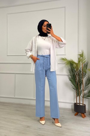 Kadın Dabıl Kemeri İp Detaylı Palazzo Pantolon Mavi 2501 Kadın Dabıl Kemeri İp Detaylı Palazzo Pantolon Mavi 2501