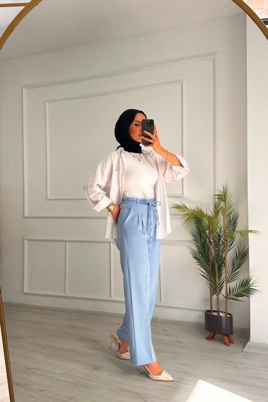 Kadın Dabıl Kemeri İp Detaylı Palazzo Pantolon Mavi 2501 Kadın Dabıl Kemeri İp Detaylı Palazzo Pantolon Mavi 2501