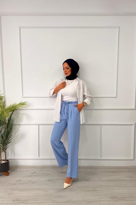 Kadın Dabıl Kemeri İp Detaylı Palazzo Pantolon Mavi 2501 Kadın Dabıl Kemeri İp Detaylı Palazzo Pantolon Mavi 2501