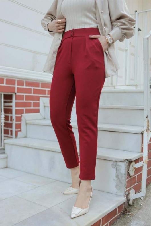 Kadın Havuç Paça Likralı Zara Krep Pantolon Bordo 2504