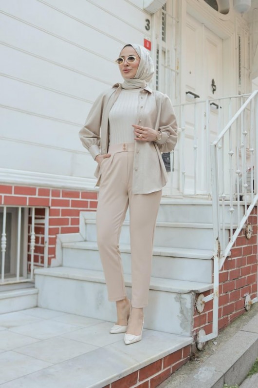 Kadın Havuç Paça Likralı Zara Krep Pantolon Bej 2504