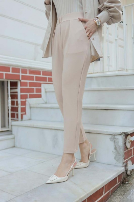 Kadın Havuç Paça Likralı Zara Krep Pantolon Bej 2504