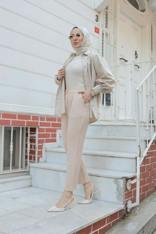 Kadın Havuç Paça Likralı Zara Krep Pantolon Bej 2504