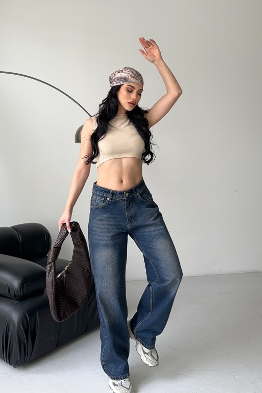 Palazzo Kimyasal Havalı Yıkamalı Kot Pantolon Kahverengi 4011