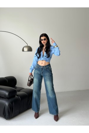 Palazzo Kimyasal Havalı Yıkamalı Kot Pantolon Yeşil 4011