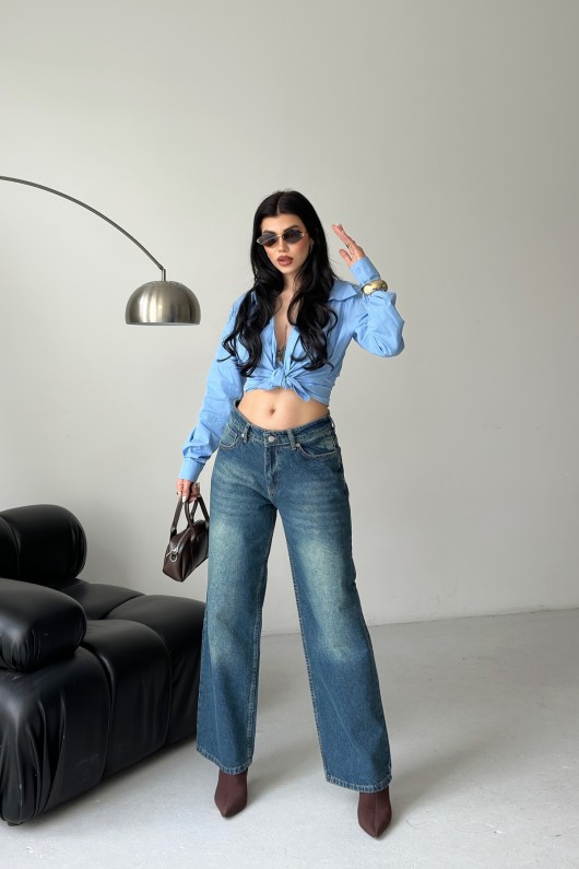 Palazzo Kimyasal Havalı Yıkamalı Kot Pantolon Yeşil 4011