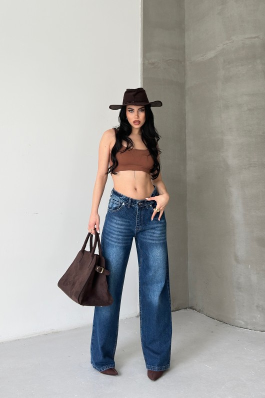 Palazzo Kimyasal Havalı Yıkamalı Kot Pantolon Mavi 4011